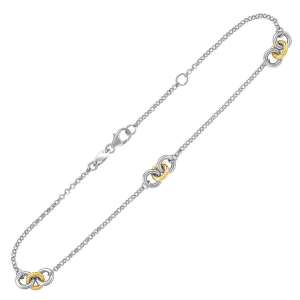 14k Yellow Gold and Sterling Silver Triple Ring Stationed Anklet