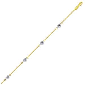 14k Two Tone Gold Anklet with Diamond Cut Heart Style Stations