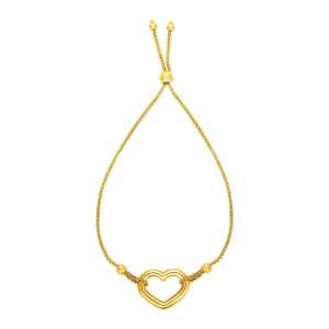 Adjustable Bracelet with Shiny Open Heart in 14k Yellow Gold (1.00 mm)