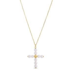 14k Yellow Gold Pearl Cross Pendant