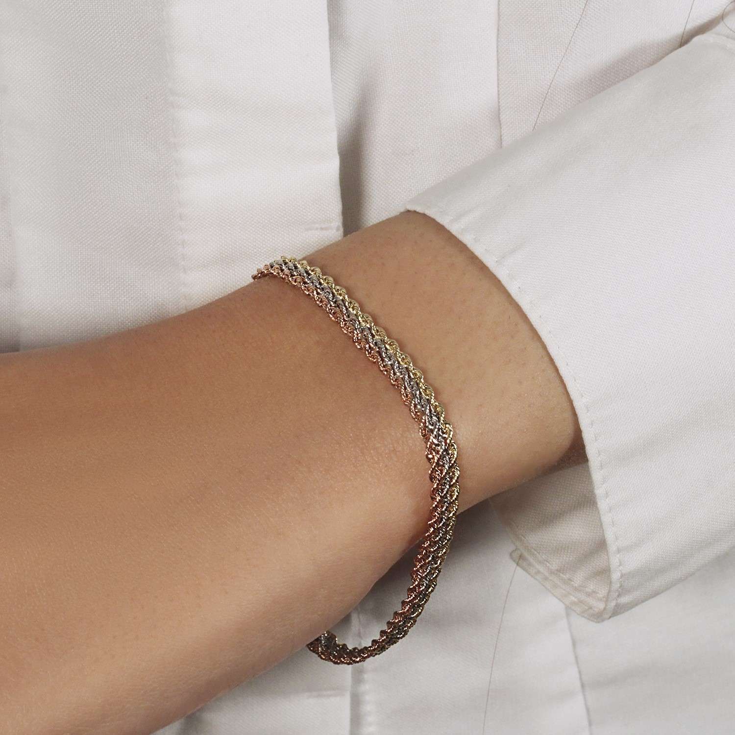 10k Tri-Toned Gold Multi-Strand Rope Chain Bracelet (6.35 mm) - Image 6