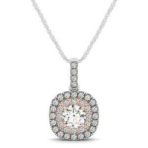 14k White And Rose Gold Cushion Shape Halo Diamond Pendant (1/2 cttw)