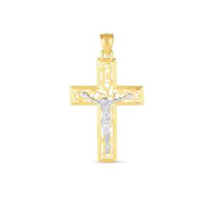 14k Two Tone Gold High Polish Diamond Cut Cross Pendant