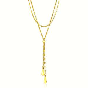 14k Yellow Gold Double Strand Chain with Puffed Heart Lariat Necklace