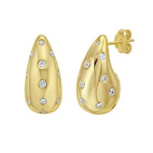 Sterling Silver Yellow Gold Plated Puffed Raindrop CZ Earrings