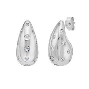 Sterling Silver Puffed Raindrop with Cubic Zirconia Stones Earrings