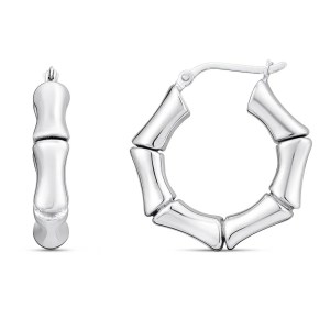 Sterling Silver Rhodium Plated Bold Bamboo Hoop Earrings